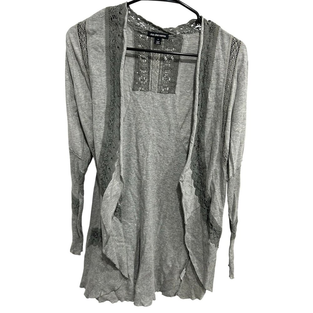 Cha Cha Vente Gray Open Front Lightweight Cardigan Sweater Lace Accents Sz M